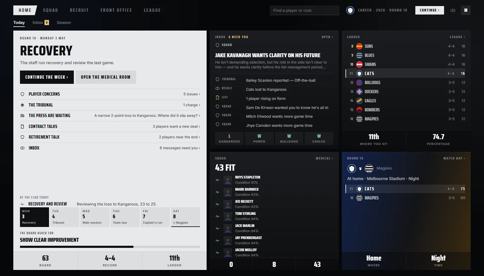 The Home screen: the week, the inbox, the ladder and the next match